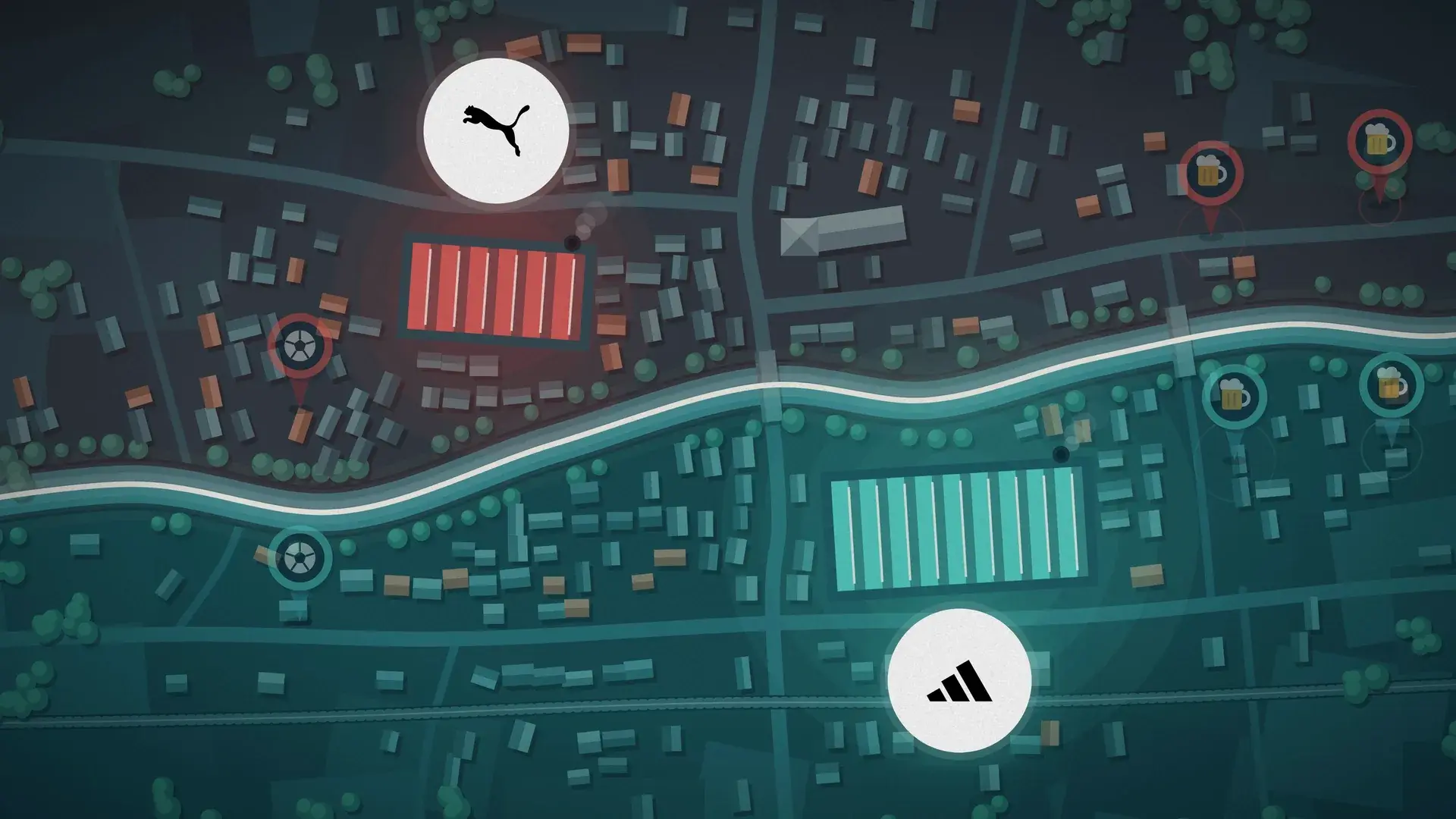 A flat map of one small town, split by its river into two halves.