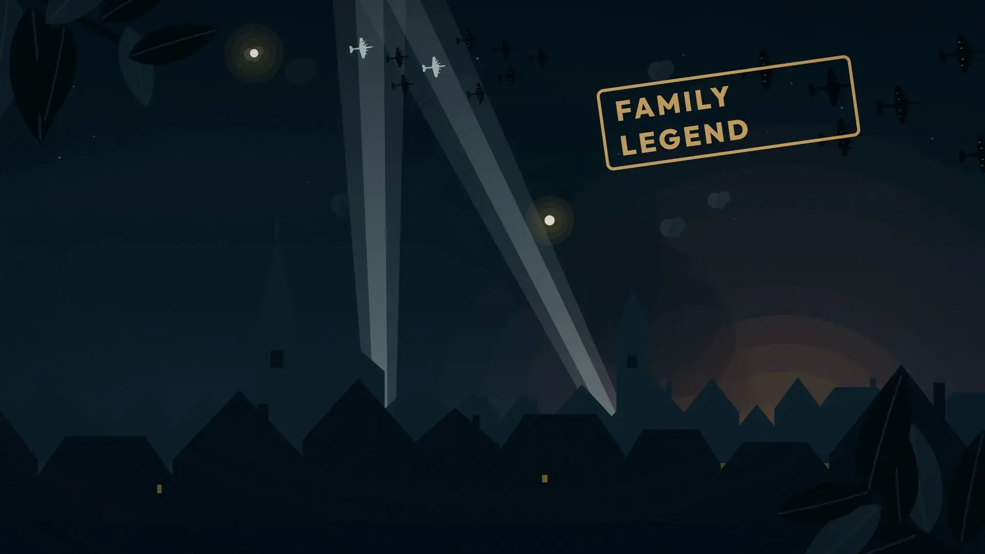 Searchlights over a town at night, tagged "family legend".