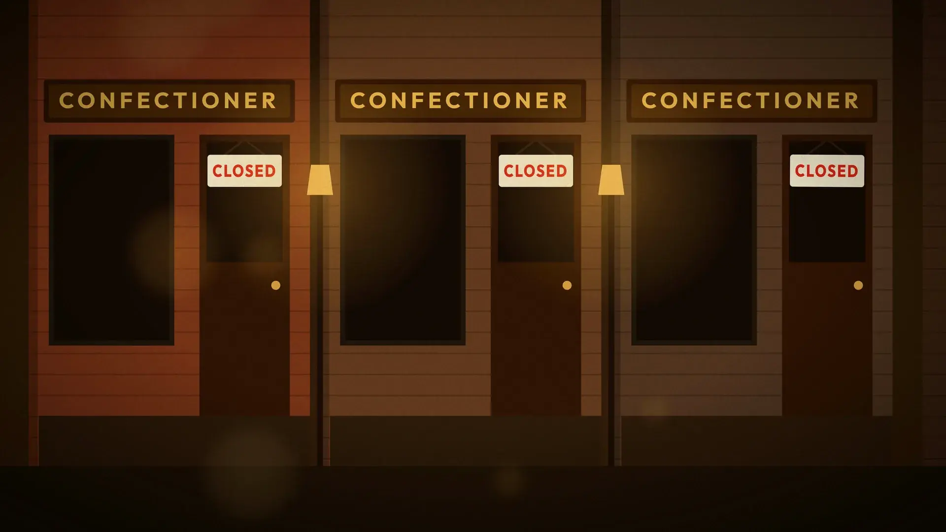 Three candy shop doors in a row, each with a "closed" sign.
